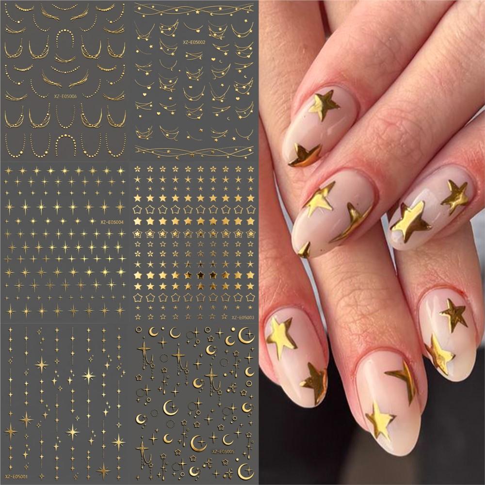 6sheets 3D Bronzing Gold Star Moon Nail Sticker Metal French Chain Star & Starlight Nail Decals Self-Adhesive Nail Decora 8*10cm