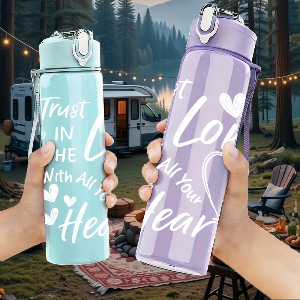 1PC Trust In The Lord Heart Pattern 750ml Color Plastic Sports Water Bottle Leakproof Flip Straw Lid Suitable for Sports Office Home Use