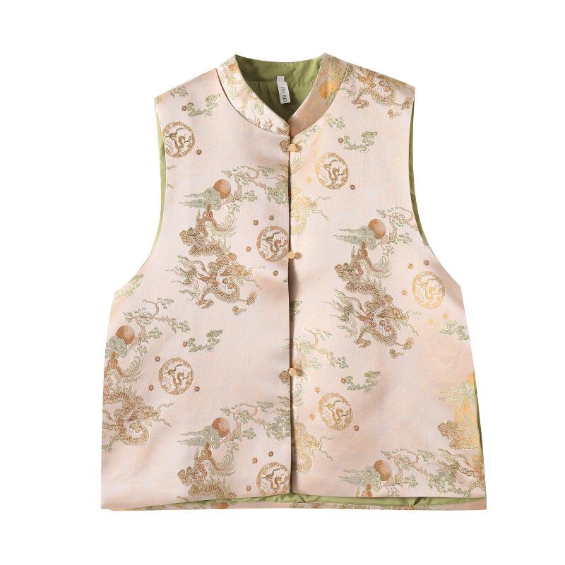 Gold Thread Dragon and Phoenix Jacquard Vest Stand-up Collar Cardigan Retro Elegant Dignified Vest Female