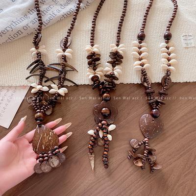 Bohemian Handmade Wooden Coconut Shell Pendant Necklace Female Retro Ethnic Style Niche Design Long Sweater Chain