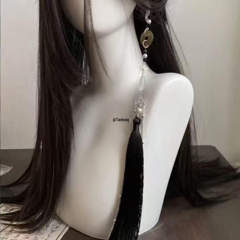 Mountain Ghost Flower Copper Coin Earrings with Tassels - Unisex Hanfu Style Ear Cuffs