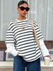 Women Striped Crew Neck Fake Two Piece Loose Long Sleeve Casual Sweatshirt