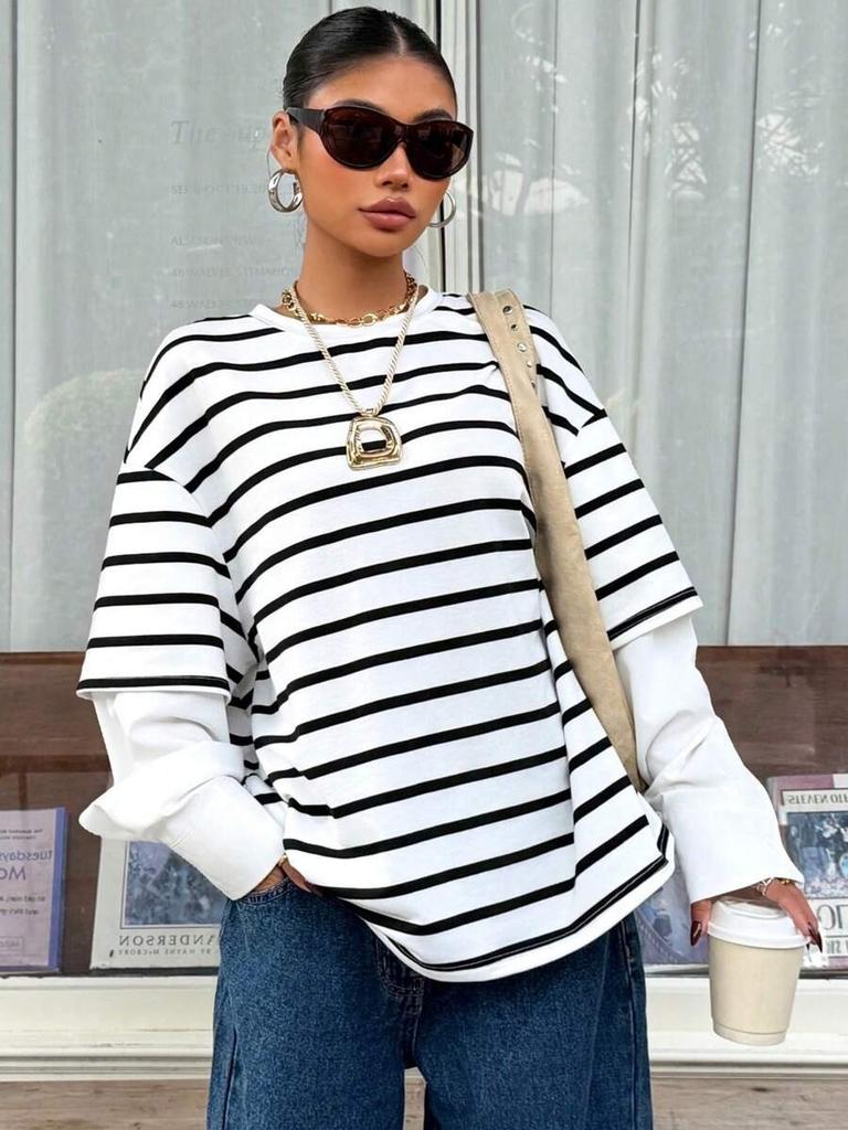 Women Striped Crew Neck Fake Two Piece Loose Long Sleeve Casual Sweatshirt