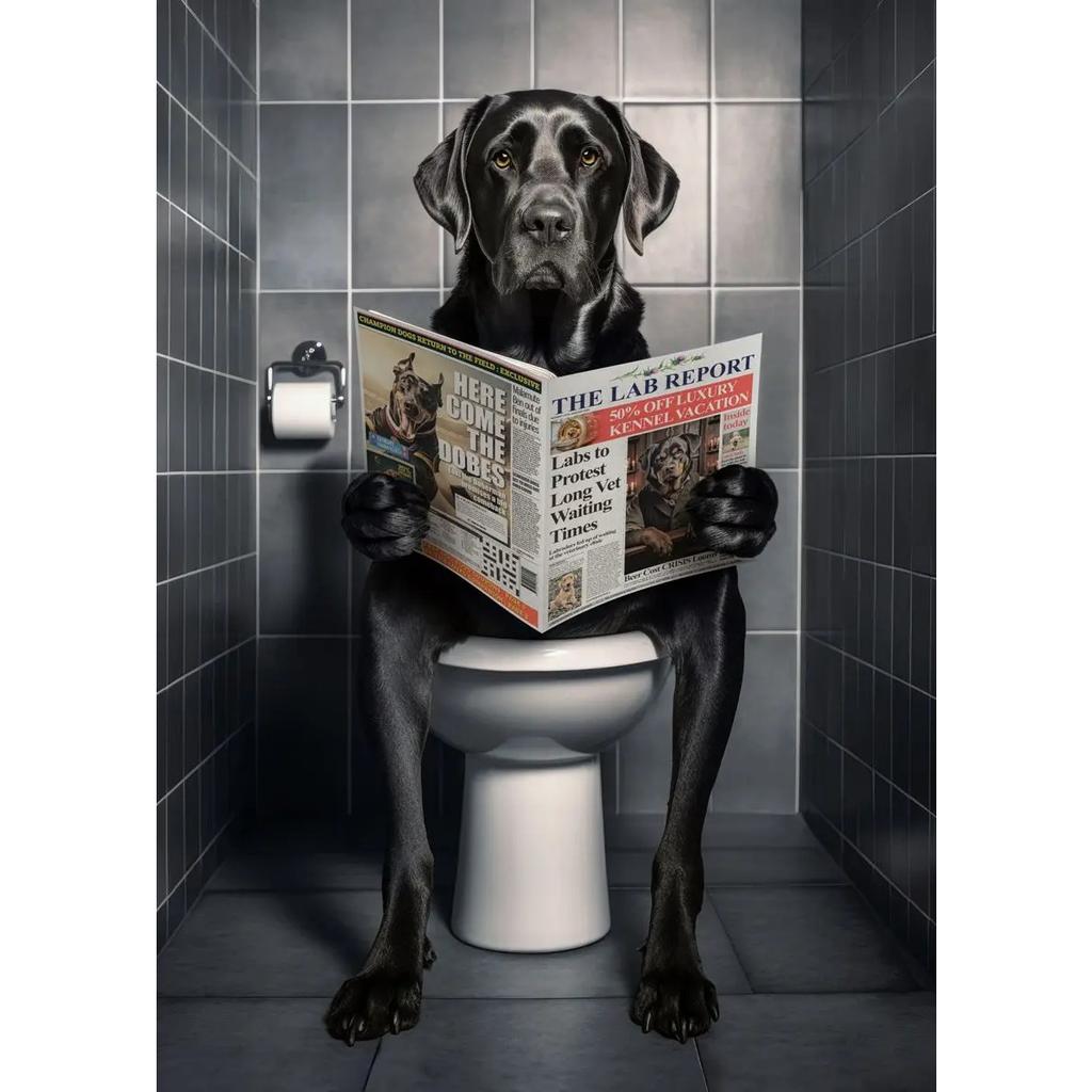Dog Monkey Highland Cow Sitting on The Toilet Reading Newspaper Poster Animal Print Canvas Painting Funny Bathroom Wall Decor