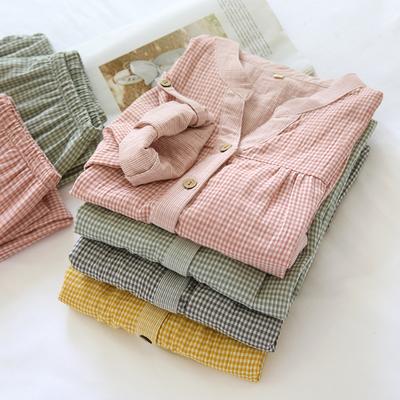 New Spring and Autumn Ladies Pajamas Set 100%cotton Gauze Four Seasons Long-sleeved Trousers Two-piece Simple Plaid Home Service