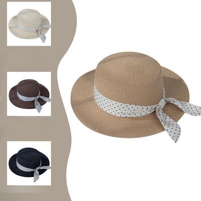 Summer Vacation Flat Top Straw Hat Plaid Bow Straw Hat Women Spring Beach Sun Protection Hat