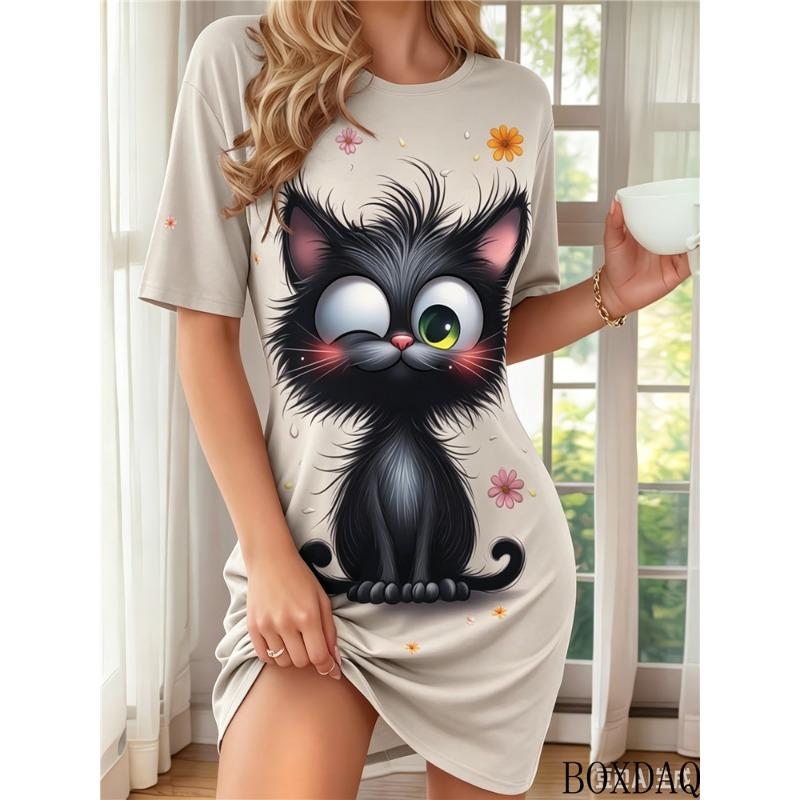 2026 Short Sleeved Round Neck Women's Dress With Cute Cat Pattern Print Loose Casual Fashionable Home Dresses