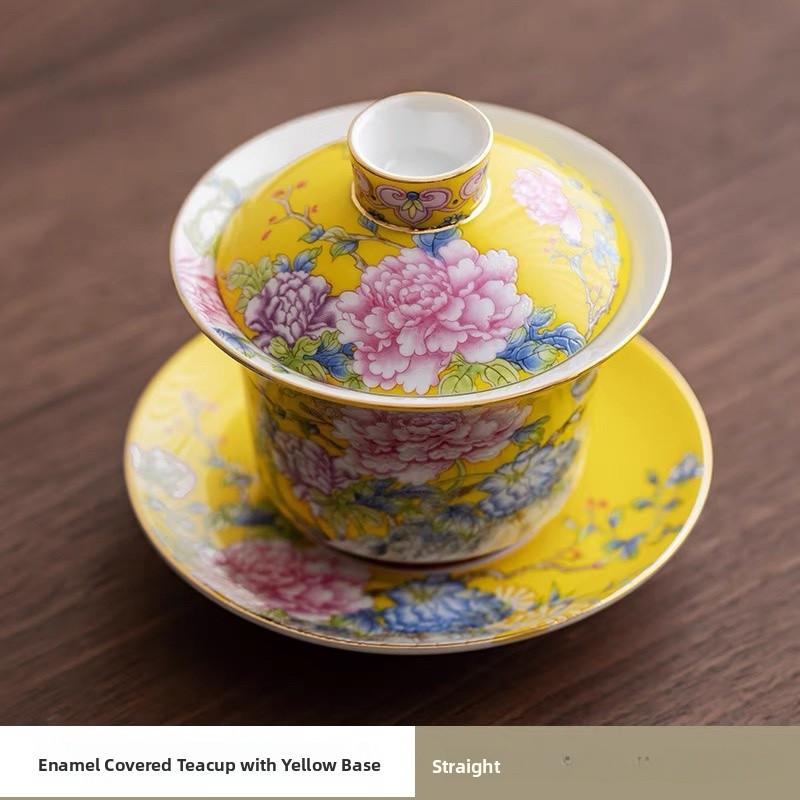 Enamel Color Ceramic Tea Cup Gongfu Tea Set Home Use Drinking Cup Style Peony Handmade Craft High Temperature Glaze