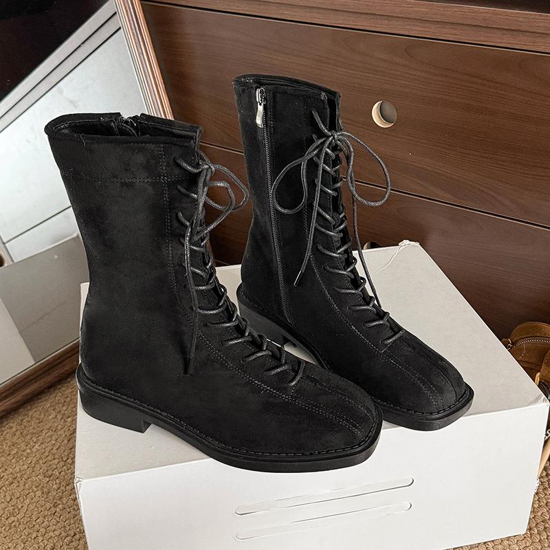 Fashion Fashion Cross Lace Up Mid Calf Boots Women Autumn Winter Low Heels Faux Suede Boots Woman Zipper Square Toe Short Booties Mujer