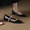 Height Increase Small Heel Single Shoes Women's 2025 Spring New French Pointed Head Shallow Mouth Mary Jane with Skirt Rivet Evening Shoes