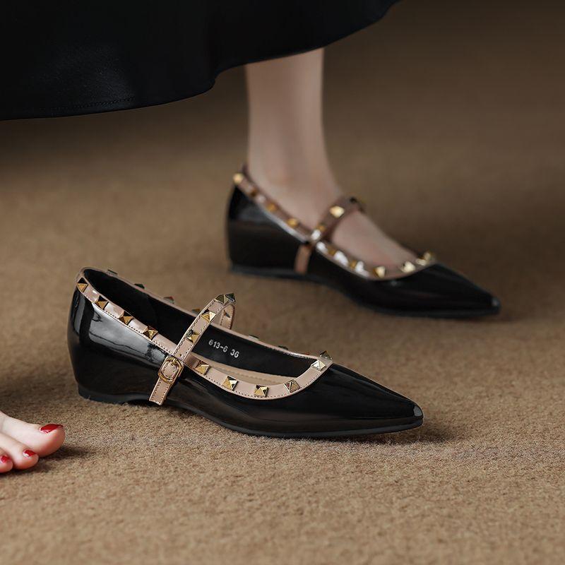 Height Increase Small Heel Single Shoes Women's 2025 Spring New French Pointed Head Shallow Mouth Mary Jane with Skirt Rivet Evening Shoes
