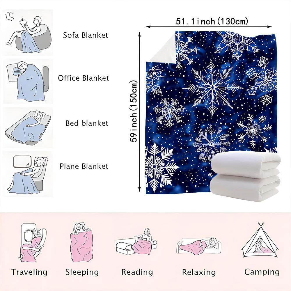 Winter Snowflake Blanket - Dark Blue Background with Intricate White Snowflakes & Whimsical Dots, Soft Cosy Printed Throw for