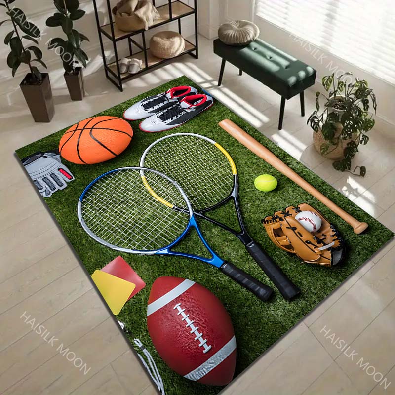 Verschiedene Sportgeräte Display Druck Teppich Teppich für Wohnzimmer Schlafzimmer Sofa Fußmatte Heimdekoration Rutschfeste Bodenmatte