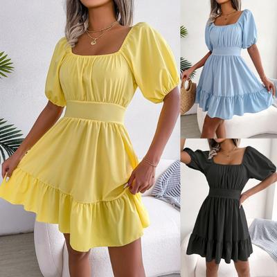 Lässiges quadratischer Ausschnitt rückenfrei Schnürung Rüschen A-Linie Midi-Kleid für Damen