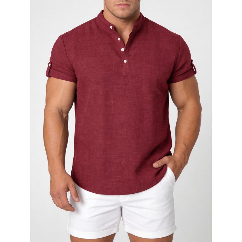 

Mens Solid Color Stand Collar Short Sleeve Henley Shirt S красный