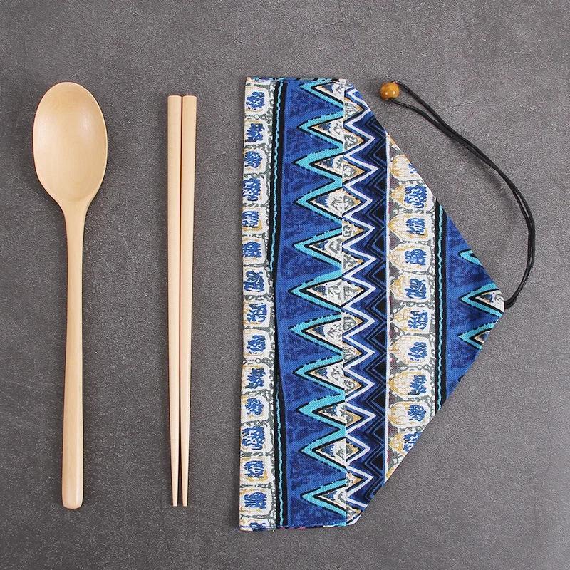 Wooden Cutlery Sets With Spoon Fork, Environmentally Friendly, Travel Portable, Tableware, Chopsticks, Cloth Bag