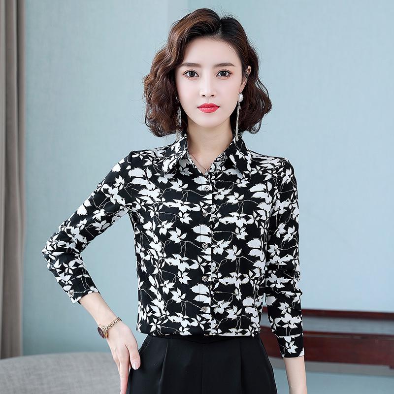 Camisa de Chifón Floral de Otoño para Mujer de Corte Slim Retro de Manga Larga