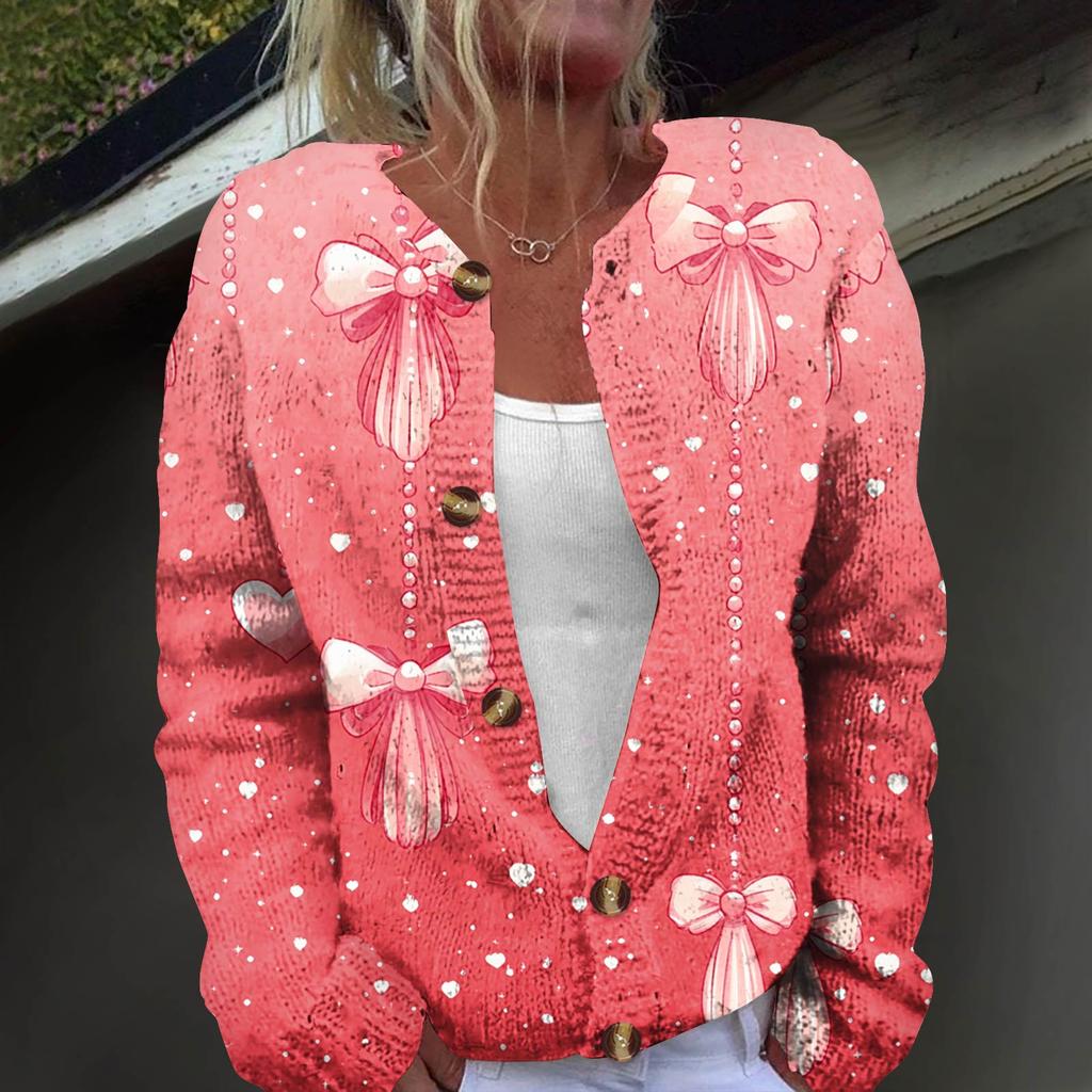Women's Fashion Printed Long Sleeve Knitted Cardigan Button Down Jacket