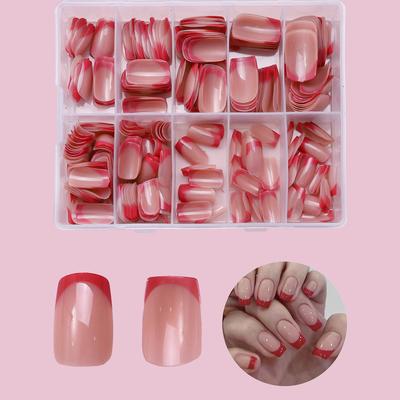 : 240 Pieces Wearing Nail Patches Bare Pink French Red Trim Simple And Versatile Lines Detachable