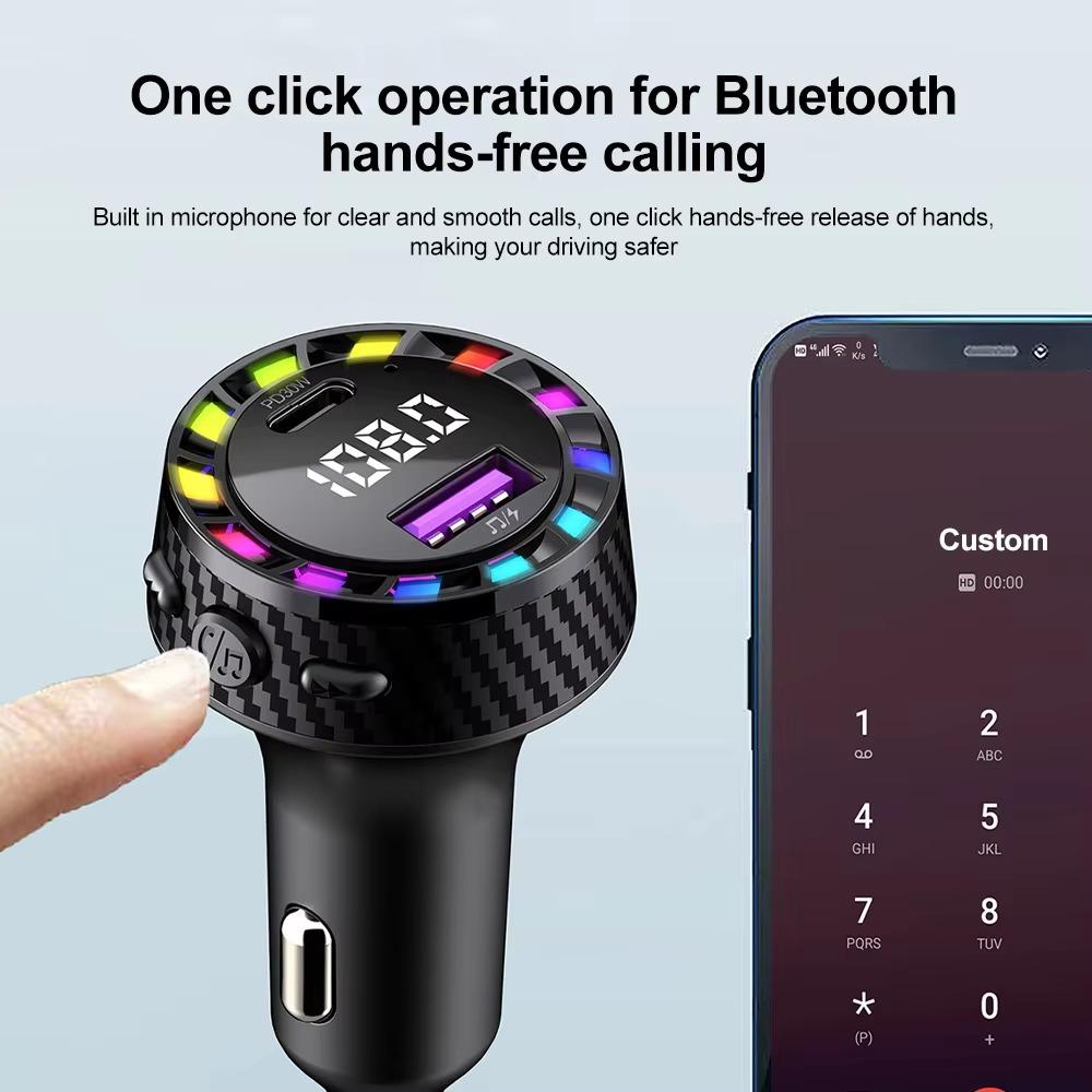 30W PD Fast Car Charger with Bluetooth 5.3 Receiver, LED Display, Hands-Free Calling & RGB Ambient Lights for iPhone & Android