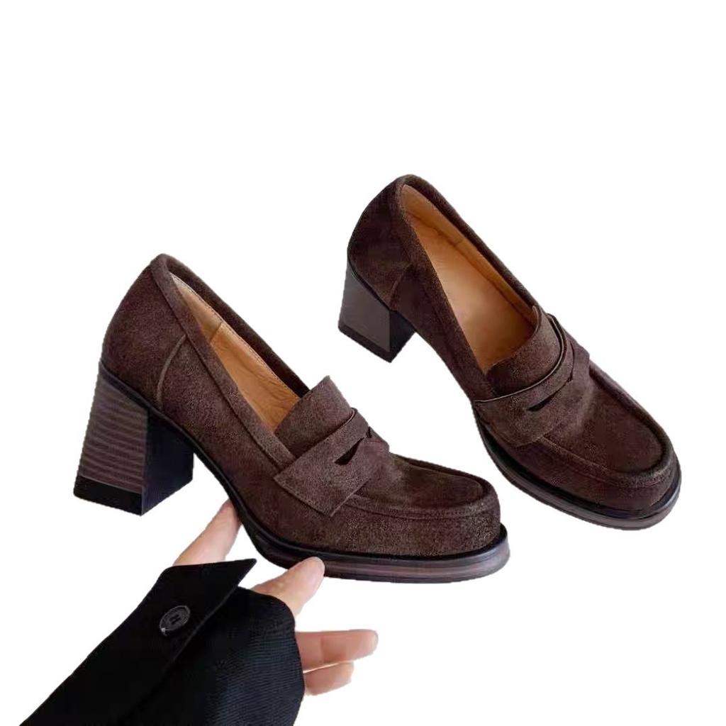Super Soft Leather French Retro Round Head Thick Heel Loafers Women's British Style One-pedal Small Leather Shoes Women's High Heel Single Shoes