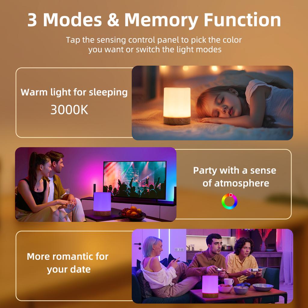 RGB Touch Bedside Lamp Rechargeable – 16 Colors Dimmable LED Night Light for Kids Bedroom Portable Desk Table Lamp Birthday Gi