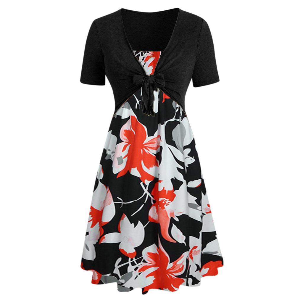 Fashion Women Short Sleeve Bow Knot Bandage Top Sunflower Print  Dress Suit