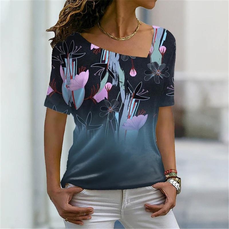 Šikmý límec Květinový Digitální 3D Tisk Harajuku Dámské Tričko Krátký Rukáv Letní Neformální Personalizované Dámské Vrchní Oblečení