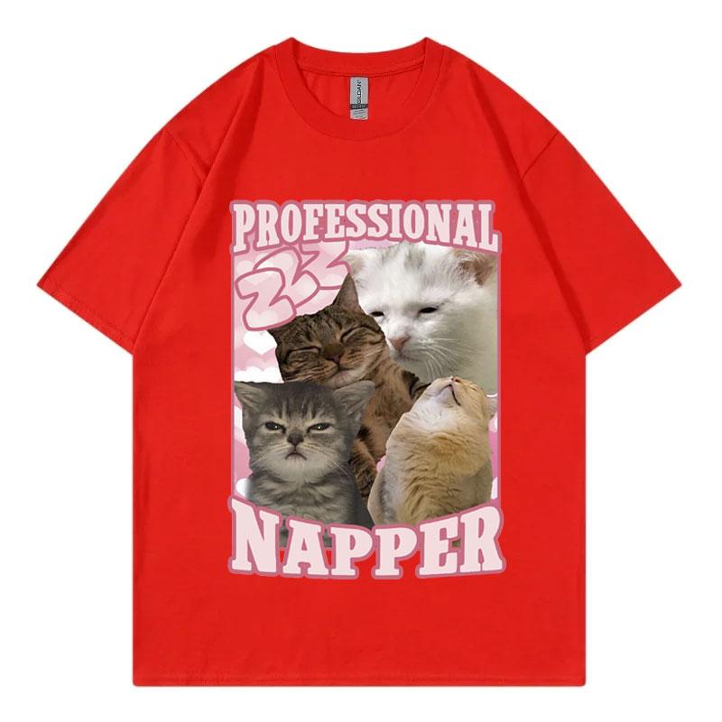 T-shirt Chat Drôle Mème Siesteur Professionnel Mode Kawaii T-shirts Manches Courtes Vêtements en Coton de Haute Qualité T-shirt Unisexe