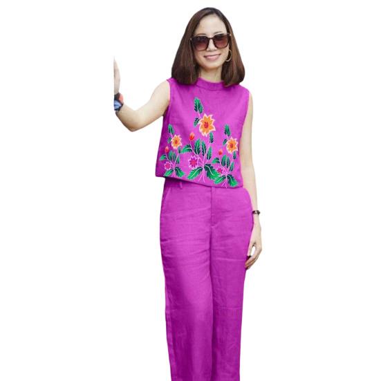 2 Pcs/Set Women Top Pants Set Flower Printing Elastic Waist Casual Sleeveless Loose Daily Wear Round Neck Plus Size Lady Vest