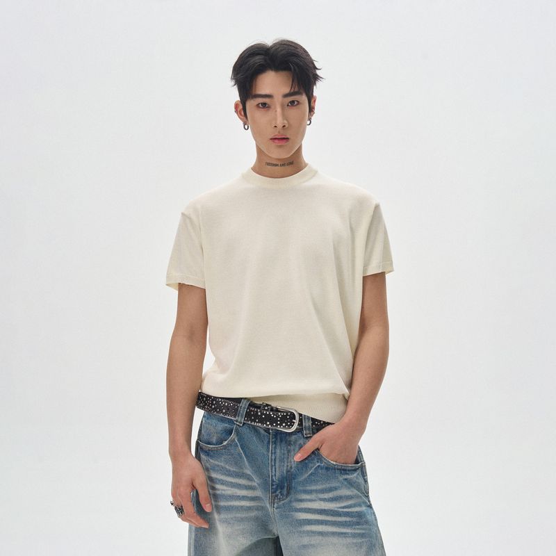 Kisko Simple Basic Round Neck Ice Silk Boxy Knit Short-Sleeve T-Shirt for Men and Women, Summer High-End Loose Fit Trendy Tee