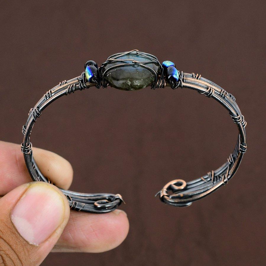 Natural Labradorite Gemstone Handmade Copper Wire Wrap Cuff Bangle Adj. M1t29
