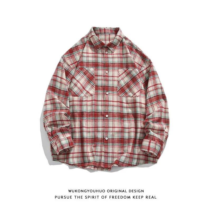 Shirt Long Sleeve Boys Spring New American Style Loose Lapel Plaid Shirt Vintage Trendy Casual Easy Matching Coat