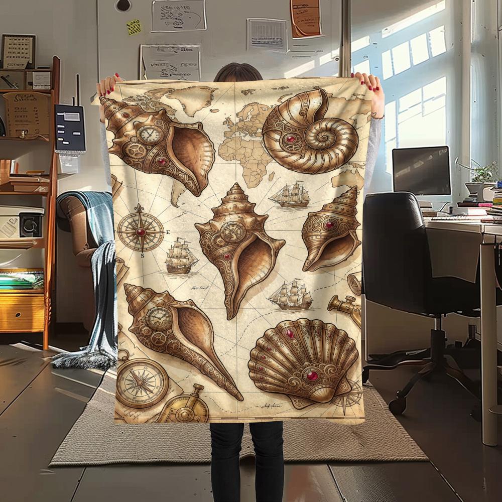 1PC Seashell  Print FlAannel Blanket, High quality Comfortable for All Seasons, Home Decor, Warmth and Comfort