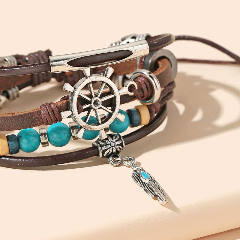 Vintage Cowhide Jewelry, New Turquoise Multi-layer Leather Bracelet, Genuine Leather Feather Bracelet.
