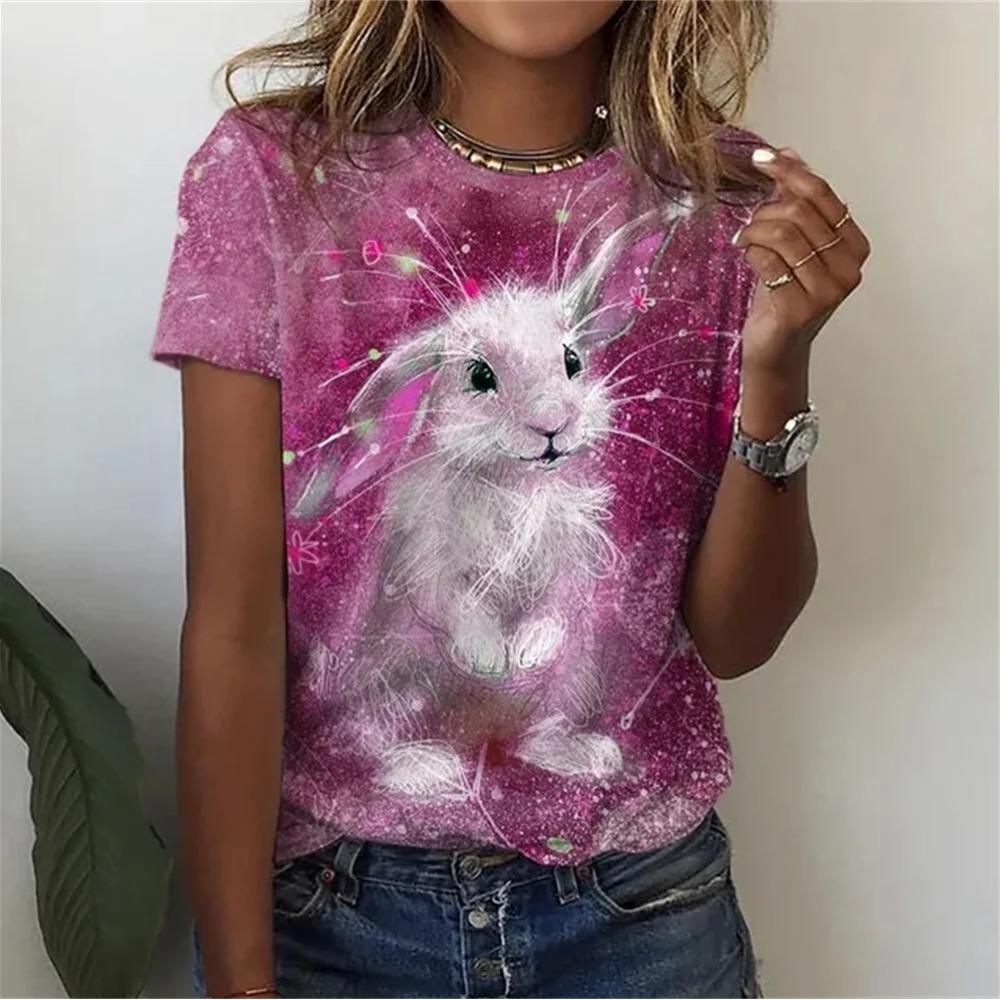 Coelhinho Branco Macio Impresso em 3D Moda Y2k Mulheres Camiseta Básica Elegância Vintage Manga Curta Elegante Casual Confortável