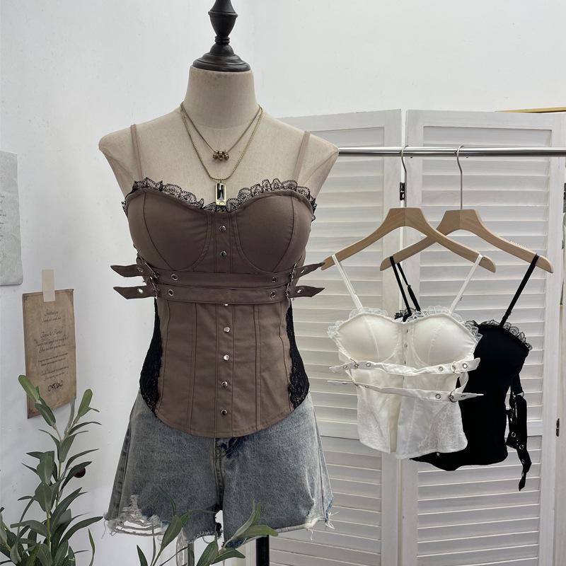 Y2K Spicy Girl Spitzenbesetztes Camisole mit Brustpolstern und Reißverschluss am Rücken