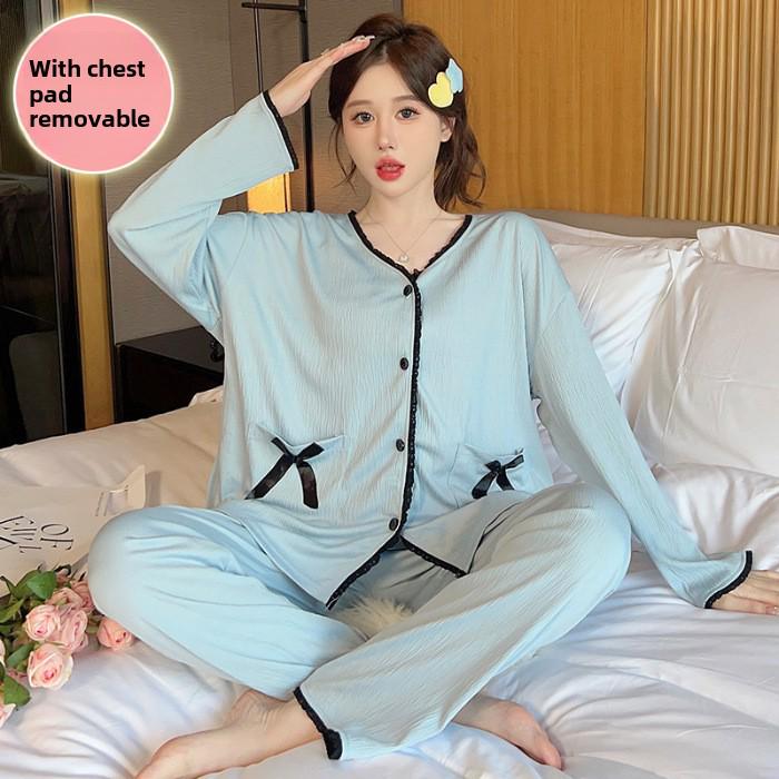 Dámská jarní/podzimní pyžamová souprava: Sladký top na ramínka s vycpávkami na prsou, dlouhými rukávy a kalhotami, nadměrná velikost až do 230 lbs, třídílný domácí oděv.