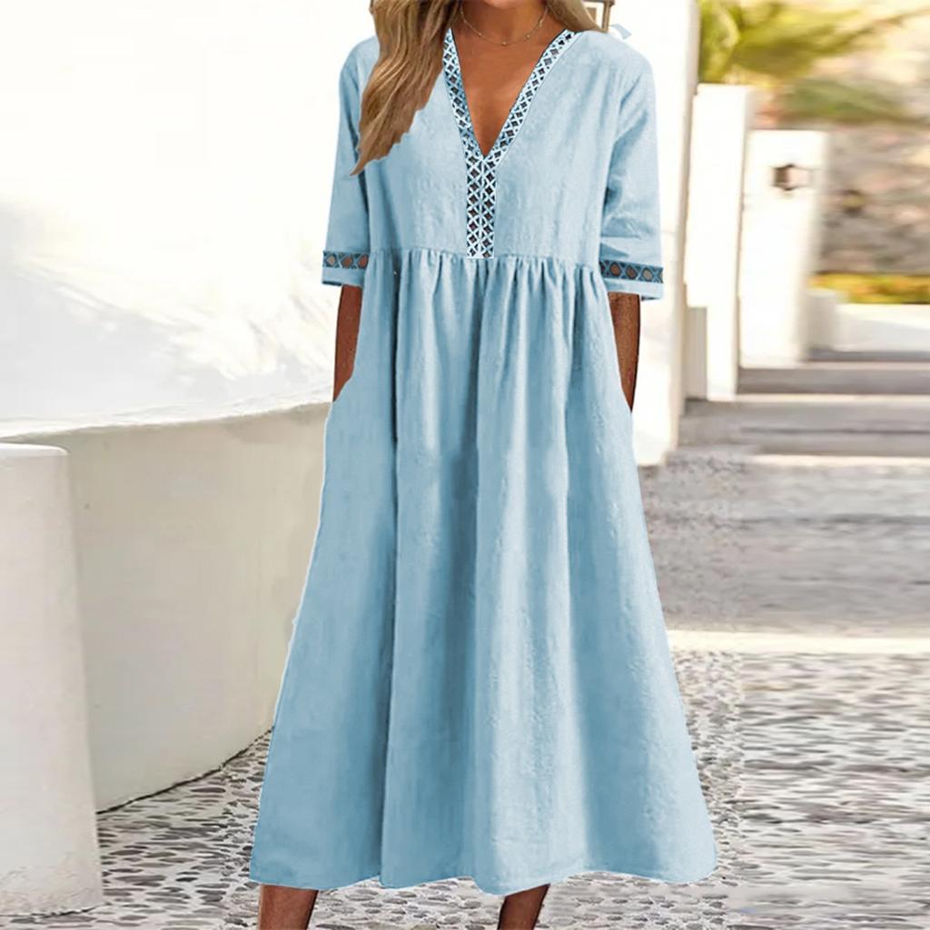 Frühlings- und Sommer-Damen-Farb-Kurzarm-Spitzen-V-Ausschnitt-Taillen-Hochkleid