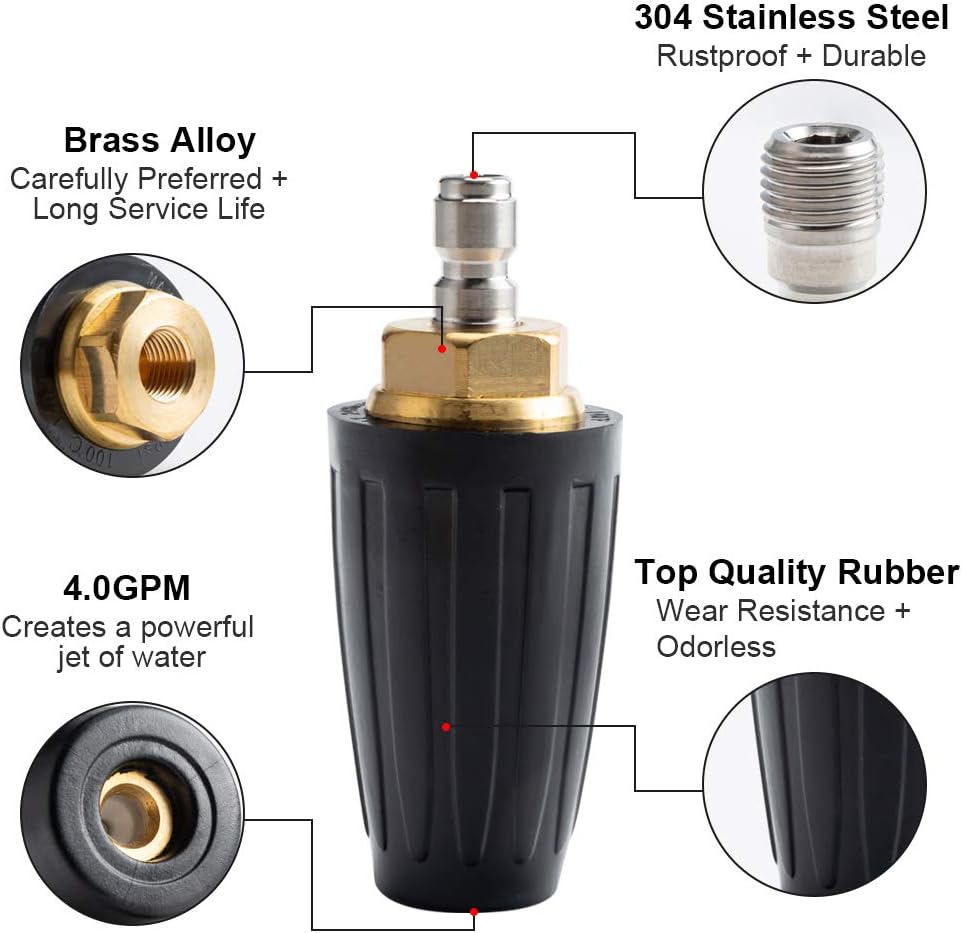 Pressure Washer Tips Turbo Nozzle Pressure Washer 4000 PSI Max | Rotating Pressure Washer Nozzle for Cleaning Brick, Concrete, and Vinyl Surfaces