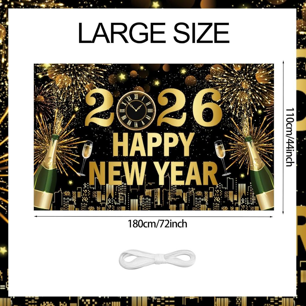 2026 Happy New Year Banner 5.9×3.6Ft Black and Gold 2026 New Year Backdrop for Eve Party Decorations Supplies Large Photo Backdrop Wall Decorations