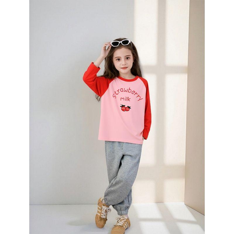 2026 Kidsren's Clothing Kidsren's Pure Cotton Long-Sleeved T-Shirt Girls Cartoon Fruit Strawberry Print Spring New Knitwear Ins