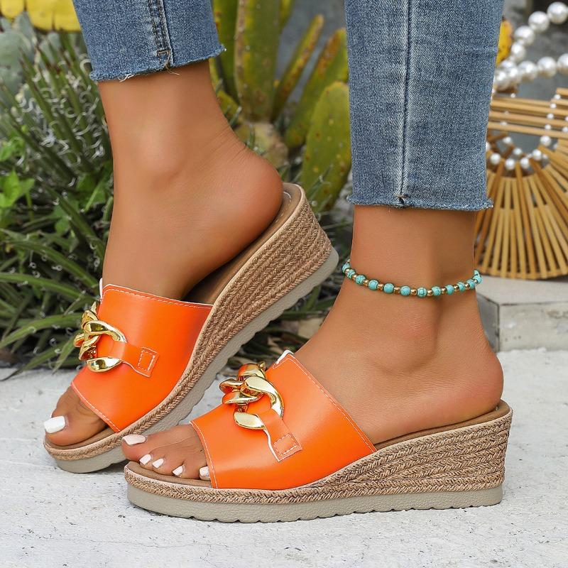 Fashion Plus Size 2025 New Summer Platform Women’s Slippers Hot Sale Casual Wedges Metal Decoration Sandals for Outdoor Daily Slippers