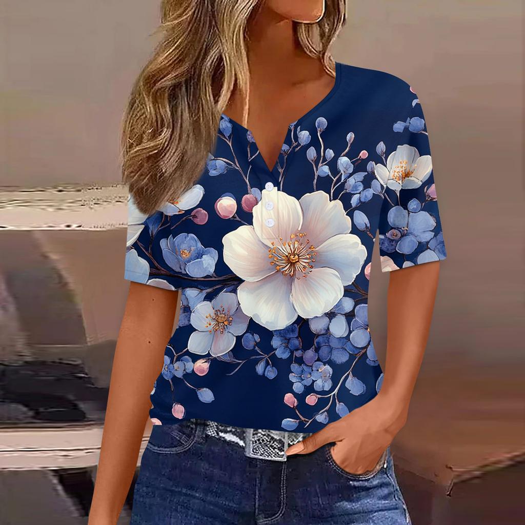 Damen T-Shirt mit Aufdruck und Knopfleiste, kurzärmelig, für den Alltag, Wochenende, modisch, Basic, V-Ausschnitt, normales Oberteil