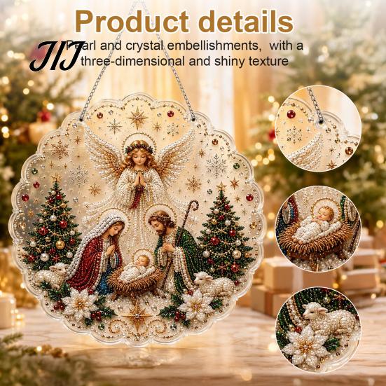 Religious Nativity Crafts Christmas Faux Pearl Painting Suncatcher Kit, 3D Nativity/Santa Claus/Bird/Tree Holiday Window Hanging Decor Beads