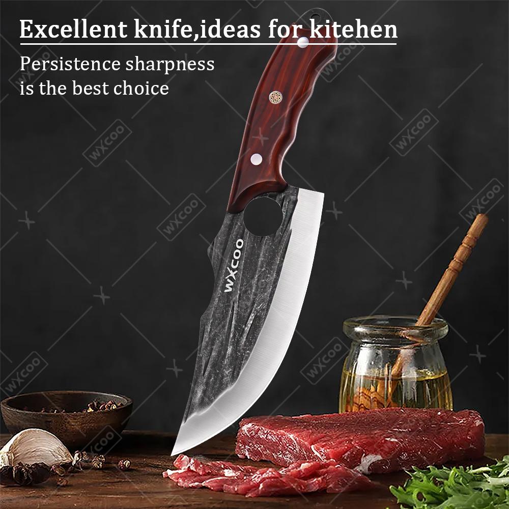 WXCOO Stainless Steel Kitchen Knife with Wooden Handle Multifunctional Butcher Knife Sharp Edge Hand Forged Butcher Knife