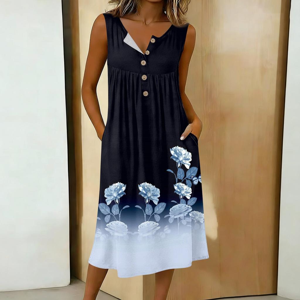 Women's Casual Sleeveless Button-down Mid-length Dress
