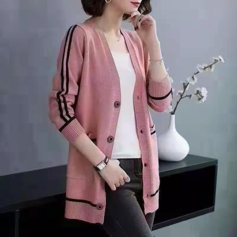 

Женский трикотажный кардиган с V-образным вырезом на осень и зиму, с длинными рукавами, свободный, средней длины, в полоску 3XL