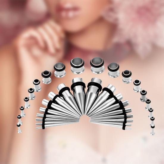 Kit 36 buc. conuri pentru dilatarea urechii, dilatatoare din oțel inoxidabil, bijuterii pentru piercing corporal