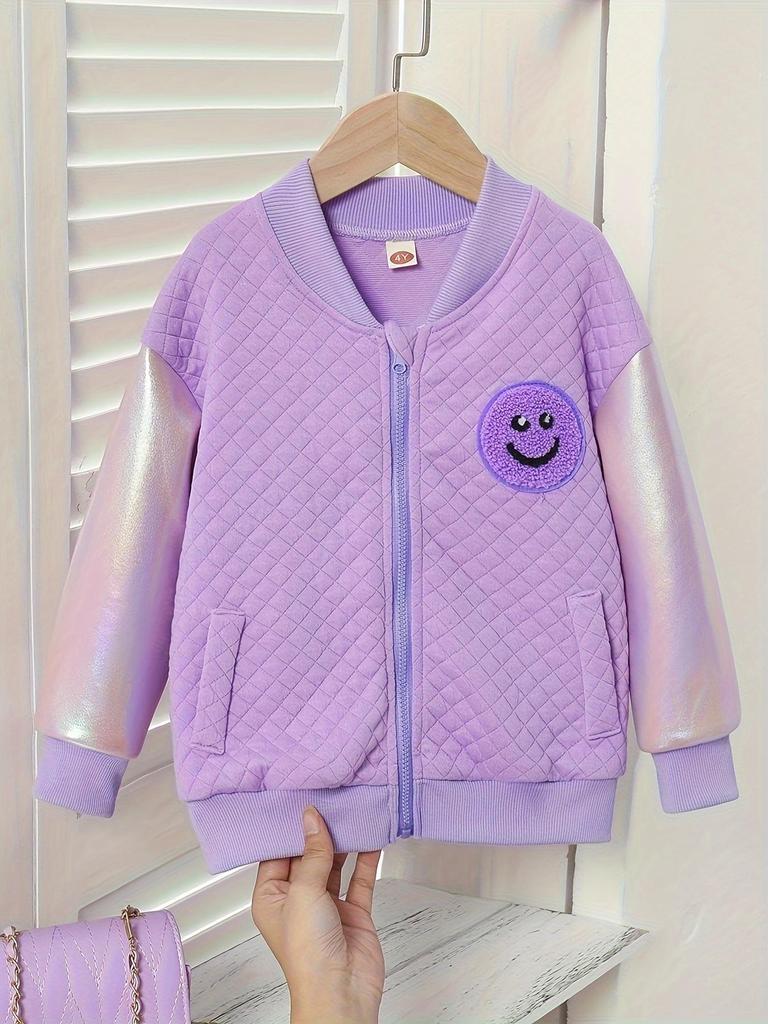 Girls' purple smiley face quilted baseball jacket, diamond stitching zip-up style, iridescent long sleeves with decorative fake pockets